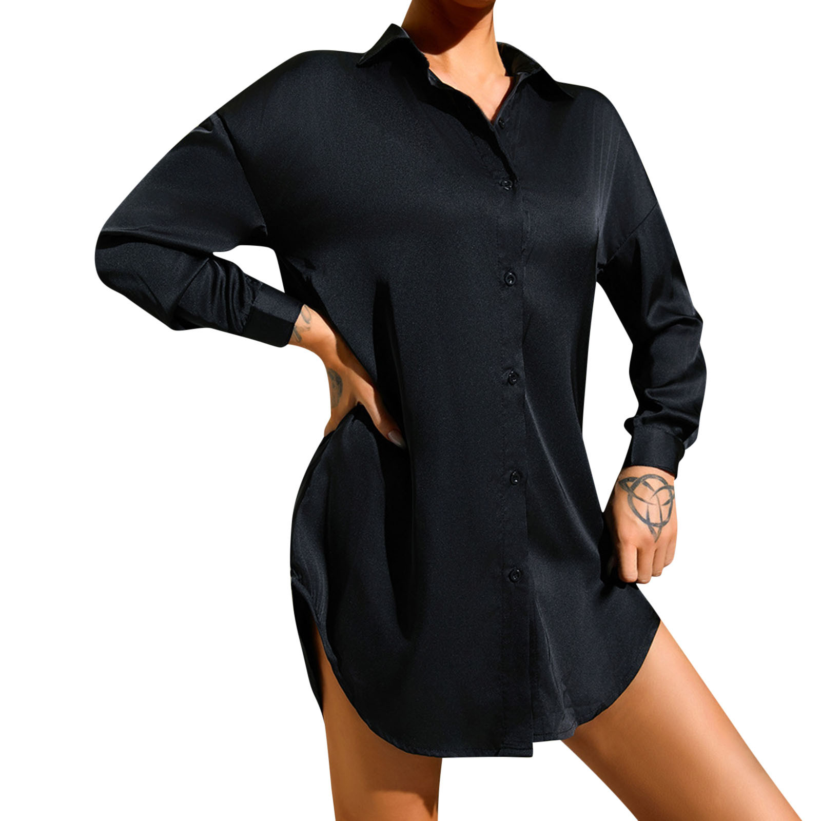 thumbnail image 1 of Camisa de pijama de seda helada para mujer: ropa sexy para estar por casa, manga larga, tejido de poliéster, adecuada para primavera/verano, corte holgado, 1 of 8